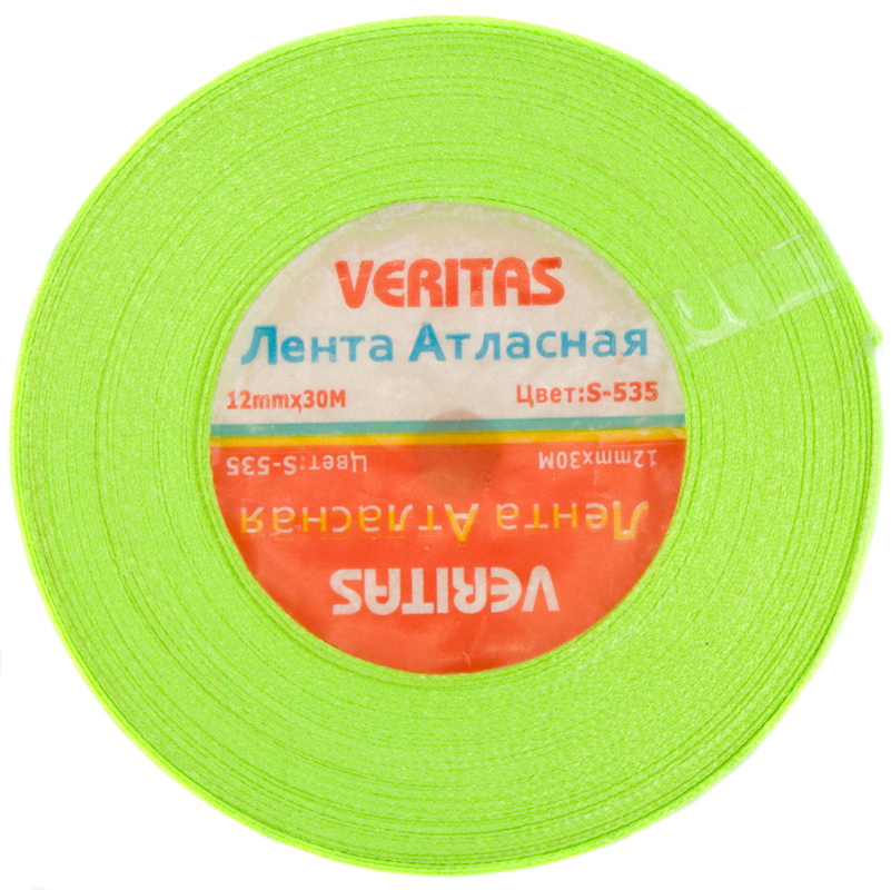 Лента атласная Veritas шир 12мм цв S-535 зеленый неон (уп 30м)1